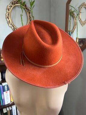Womens Wide Brim Wool Hat in Burnt Orange with Tan Band